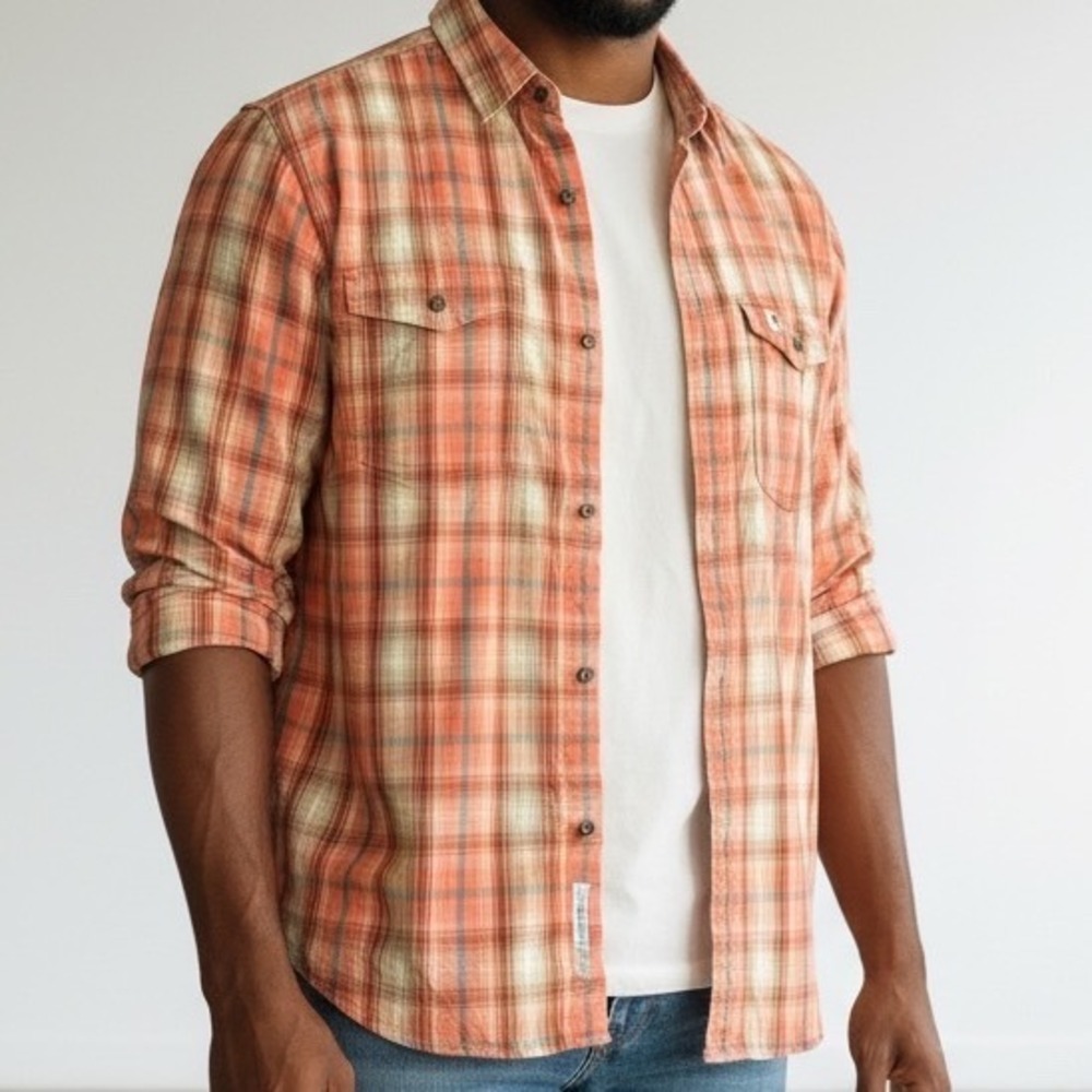 Carhartt Mens Relaxed Fit Plaid Long Sleeve Button‎ Down Shirt Orange 2XL work